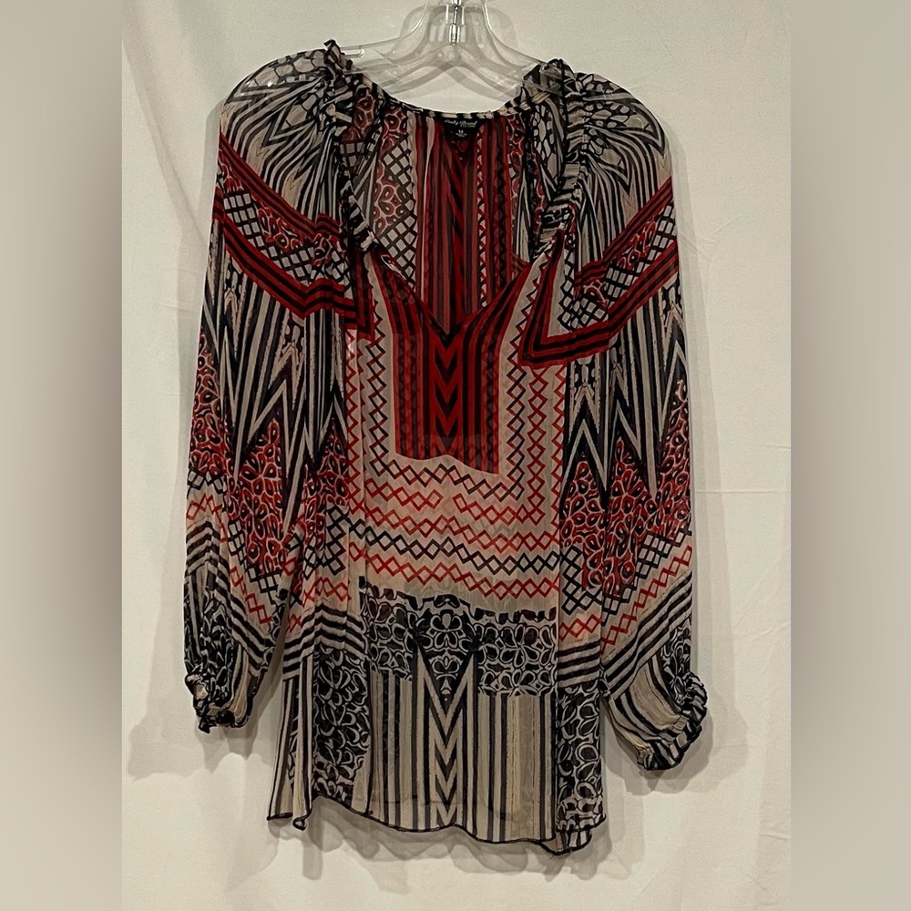 Lucky Brand Vintage Boho Red Tan Blue‎ Ruffle Cuff Sheer Blouse Medium - Picture 4 of 7